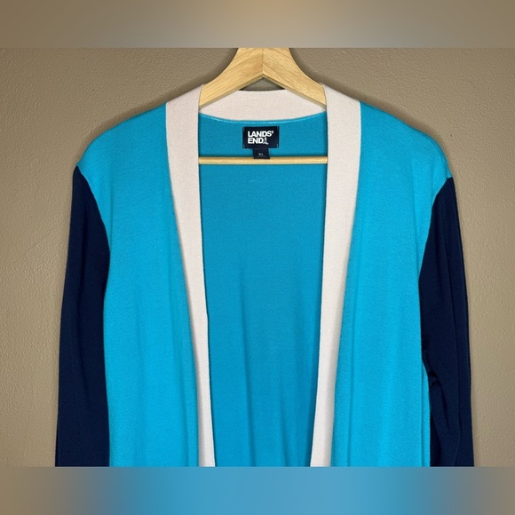 Lands' End Women's Turquoise and Navy Colorblock Duster Cardigan Bold Size XL - Picture 7 of 16
